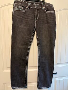 True Religion Men's Relaxed Black Jeans with Contrast Stitching